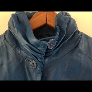 Blue knee length leather coat